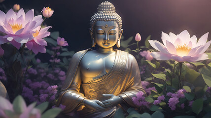 Obraz premium 3d render illustration of abstract lifelike buddha flowers magic lighting beautiful detailed natural environment background.