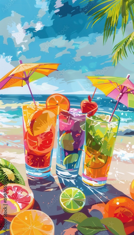 Poster three colorful cocktails with fruit garnishes and umbrellas on a sandy beach with an ocean backdrop.