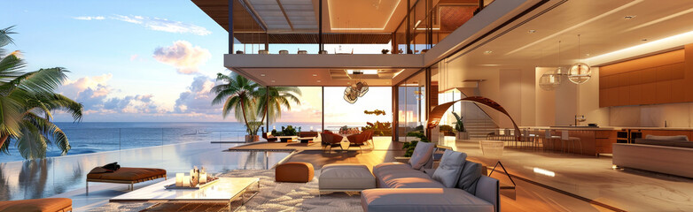 Fototapeta premium This image showcases a modern villa with an infinity pool overlooking a breathtaking ocean view. It symbolizes luxury, relaxation, modern architecture, and coastal living.