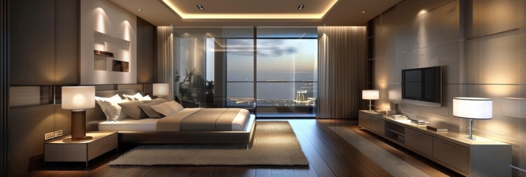 A spacious bedroom with a modern design, featuring a large bed, nightstands, and a flat-screen TV. The room has large windows that offer a stunning city view. Warm lighting creates a cozy and inviting