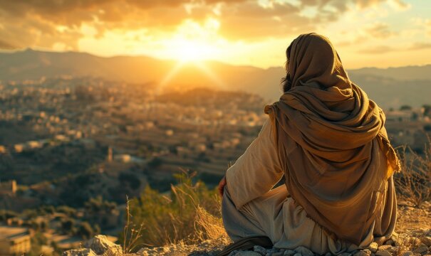 Jesus sits on a mountain and looks sadly at Jerusalem