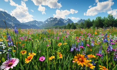 Lush green meadow filled with wildflowers in a riot of colors, creating a vibrant and lively scene