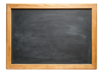 An empty chalkboard with a wooden frame isolated on a transparent background, ideal for educational and presentation themes. PNG.