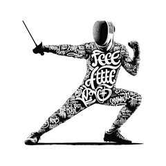 Fototapeta premium Fencing male player in graffiti tags, street art pattern illustration, emblem shield badge