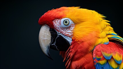 Naklejka premium A colorful parrot with vibrant red, yellow and blue feathers against a black background in a close-up shot, focusing on the detailed texture of its beak
