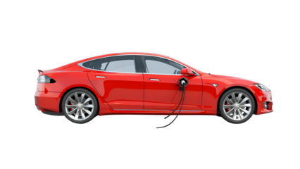 Electric car charging at a charging station isolated on a transparent background, PNG