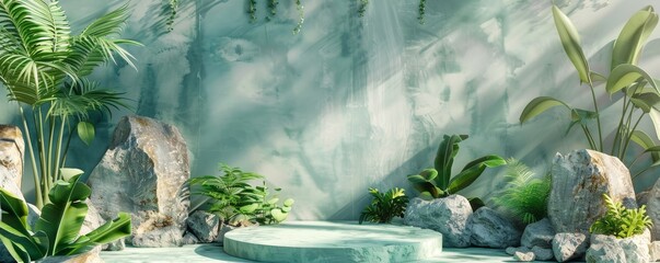 3D render of empty product podium surrounded by lush green plants and rocks