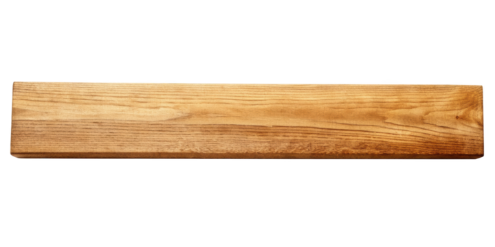 A rustic wooden plank shown in top view isolated on a transparent background, ideal for construction and decoration themes. PNG.