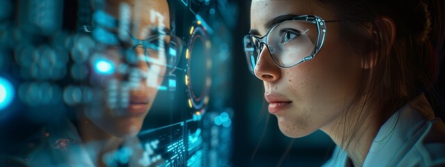 Female scientist analyzing data on a futuristic holographic interface in a lab. Cool lighting, focused atmosphere.