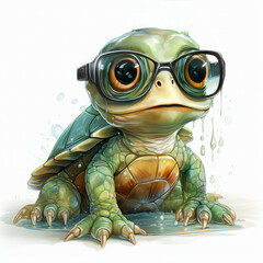 Obraz premium Watercolor Cute little green turtle with glasses in front of studio, clipart Illustration, Generative Ai