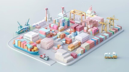 Naklejka premium 3D render of international cargo hub, import-export logistics, pastel colors and flat design for global trade