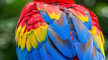 Obraz premium Close-up of colorful parrot feathers, showing reds and yellows on the head and blue hues down to its tail