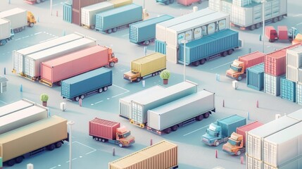 Pastel-toned cargo logistics 3D render, import-export logistics, flat design for global trade visualization