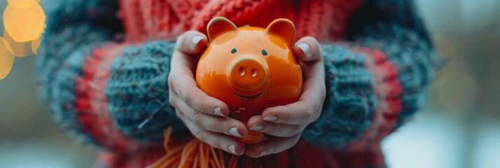Obraz premium A close-up of a child's hands carefully holding a bright orange piggy bank, representing financial security, saving for the future, childhood dreams, and the importance of financial literacy.