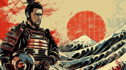 A samurai warrior stands in front of a rising sun and a mountain range with crashing waves in the background, symbolizing strength, determination, tradition, and nature.