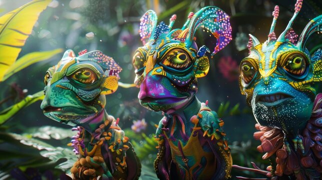 Group of colorful aliens in a radiant, bioluminescent forest, focus on alien biodiversity, harmonious coexistence,
