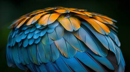 Obraz premium Close-up of the back feathers of a parrot, showing vibrant blue and yellow hues against a dark background. The focus is on capturing intricate details in the feather texture in the style of the artist