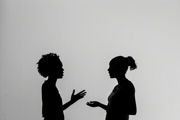 Silhouette of two people facing each other at sunset Concept confrontation communication reflection digital art