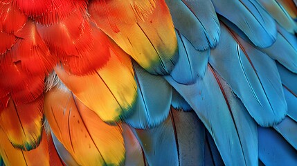 Obraz premium Close-up of colorful parrot feathers, showing the intricate patterns and textures in high definition in the style of nature