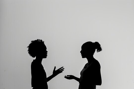 Silhouette of two people facing each other at sunset Concept confrontation communication reflection digital art