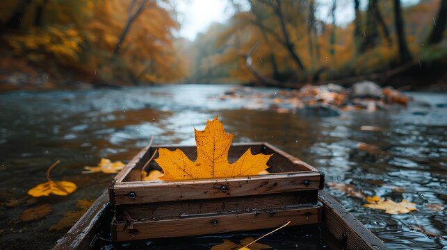 A wooden box with yellow maple leaf inside, floating on the river in autumn. The water is calm and flowing slowly, surrounded by trees with orange leaves, creating an atmosphere of tranquility and bea
