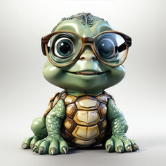 Obraz premium Watercolor Cute little green turtle with glasses in front of studio, clipart Illustration, Generative Ai