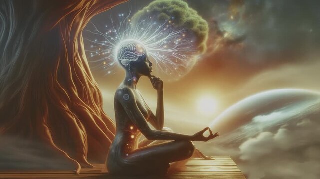 In a serene natural setting, a beautiful Black woman meditates nude under a tree in a Zen position.Her visible chakras and auras radiate energy, symbolizing a deep connection to nature and inner peace