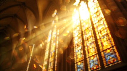 Obraz premium A beautiful stained glass window with sunlight streaming through, symbolizing hope, faith, beauty, spirituality, and divine light.