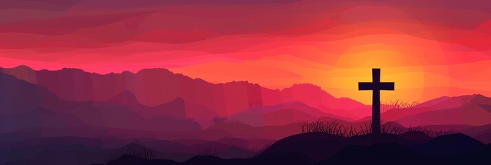 A silhouette of a cross stands tall against a vibrant sunset over a mountain range. It symbolizes faith, hope, and the beauty of nature. The warm colors of the sky create a sense of peace and tranquil