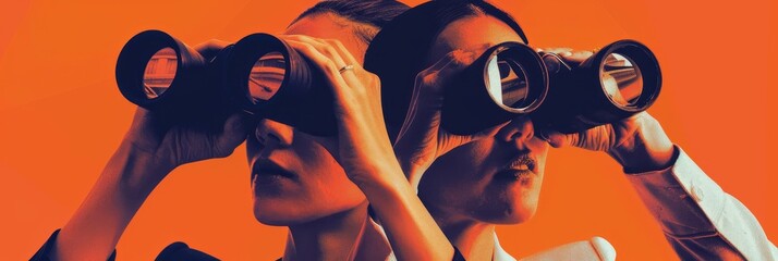 Two people are looking through binoculars, symbolizing exploration, investigation, vision, opportunity, and teamwork.