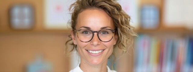  A woman, wearing glasses, smiles in front of a full bookshelf Books occupy the shelves behind her