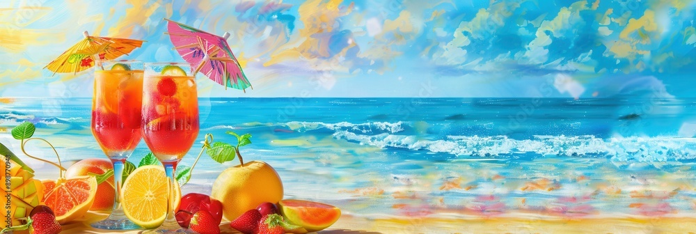 Aufkleber two cocktails in tall glasses garnished with fruit and topped with tiny umbrellas sit on a beach in 