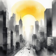 Greyscale Citiscape With Sun