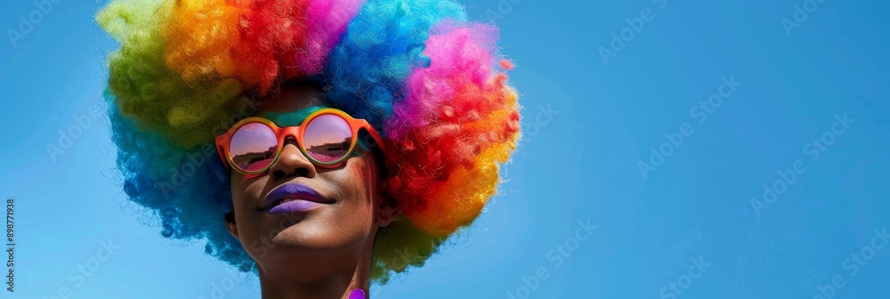 Wall mural A young woman wearing a vibrant rainbow afro wig smiles confidently against a clear blue sky, symbolizing individuality, self-expression, joy, optimism, and vibrant energy.