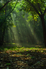 Obraz premium Serene Forest Morning: Sunlight Filtering Through Dense Woodland Canopy Illuminates Tranquil Natural Beauty