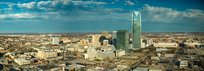 Aerial Panoramic View of Oklahoma City Featuring Devon Tower in Winter | 4K Ultra HD Image
