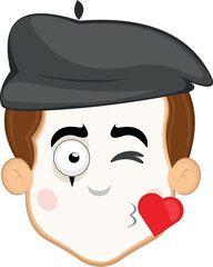 vector illustration face character of street artist mime cartoon,  giving a heart shaped kiss