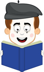 vector illustration face character of street artist mime cartoon, holding, reading and studying book