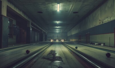 Abandoned bowling alley with dusty lanes and toppled pins, echoes of strikes and spares