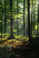 Obraz premium Serene Forest Morning: Sunlight Filtering Through Dense Woodland Canopy Illuminates Tranquil Natural Beauty
