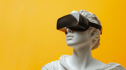 Antique statue wearing VR glasses over yellow studio background with copy space, concept of metaverse and augmented reality