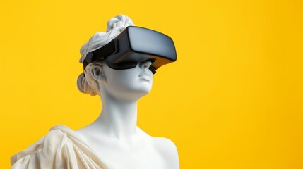 Antique female statue wearing virtual reality glasses over yellow background with free space, concept of metaverse and VR gaming technology