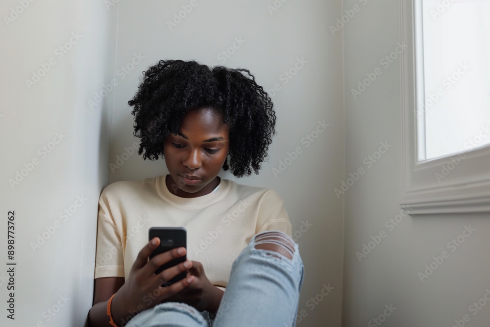 Wall mural young african american woman sitting by window using smartphone, concept of digital age and solitude