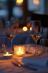 A romantic candlelit dinner setup with wine glasses and a cozy ambiance, perfect for a special evening.