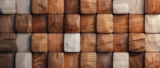  A wall composed of uniformly placed wooden planks, each featuring distinct hues of wood atop them