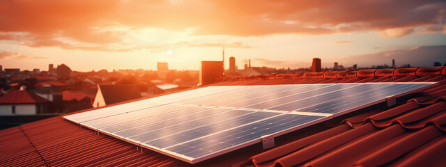Fototapeta premium A solar panel on the roof of an urban house with red tiles. Green energy concept. 