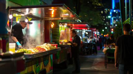 Naklejka premium Vibrant Night Market: Gourmet Food Truck Serving Fresh Tacos in a Bustling Urban Setting