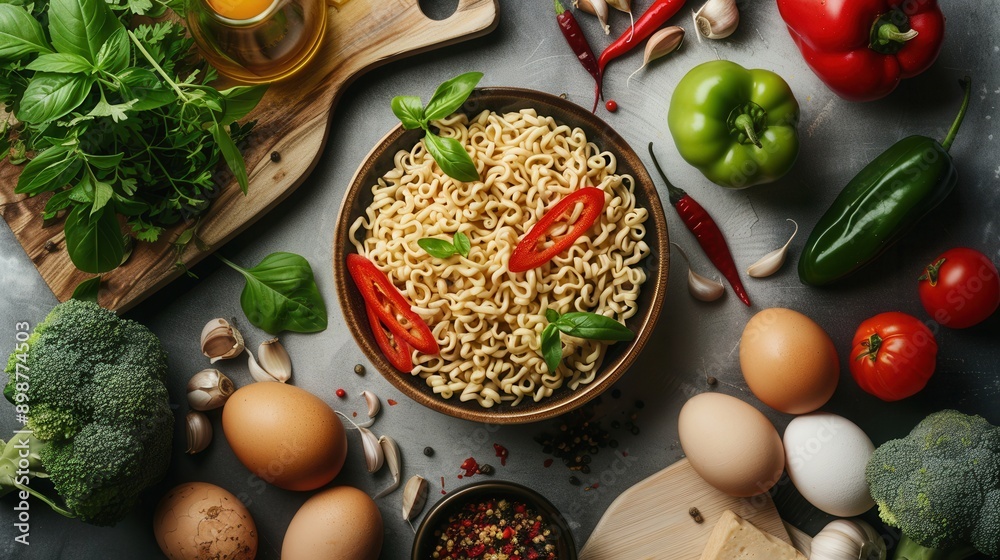 Aufkleber a bowl of instant noodles topped with fresh herbs and red pepper sits on a countertop surrounded by 