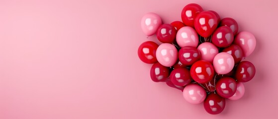  A heart-shaped arrangement of red and pink balloons against a pink backdrop, with room for text