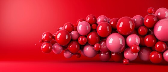  A multitude of red balloons ascend against a vibrant red backdrop, featuring a solid red wall behind them